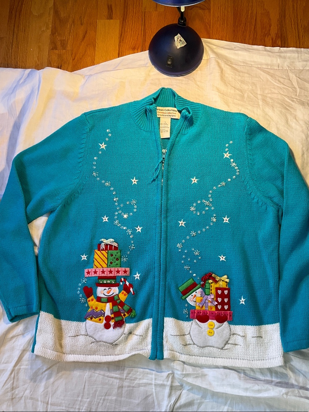Heirloom Collectables Zip-Up Cardigan Sweater with Snowman Appliqués